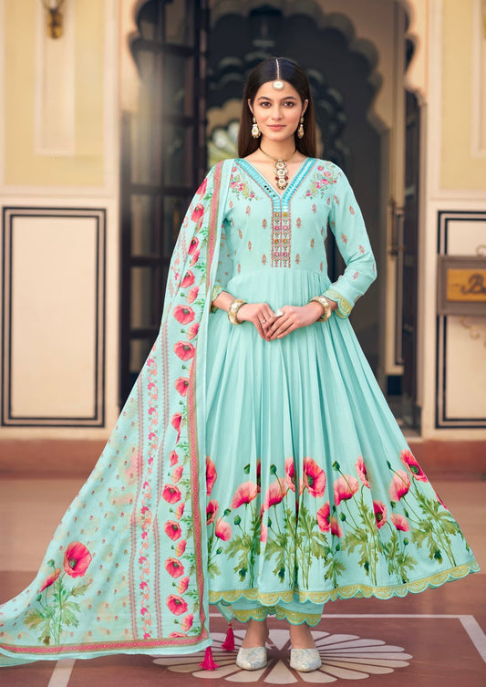 Muslin Digital Print Kurta Pant Dupatta Set with Khatli Mirror Handwork and Latkan Dupatta – L to 3XL