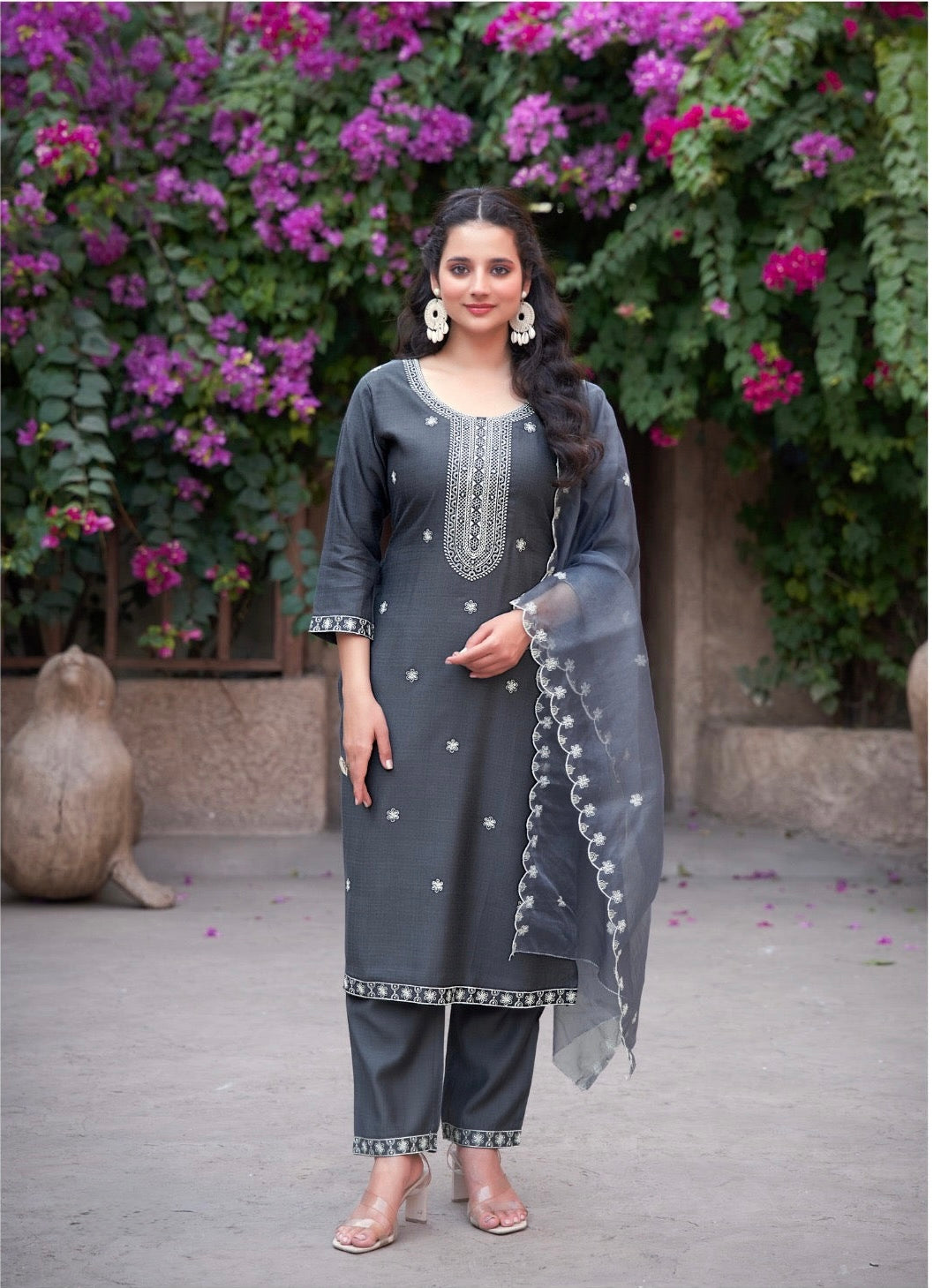 Viscose Vertical Straight Cut Kurta Pant Dupatta Set with Embroidery and Organza Dupatta – Sizes XL to 3XL