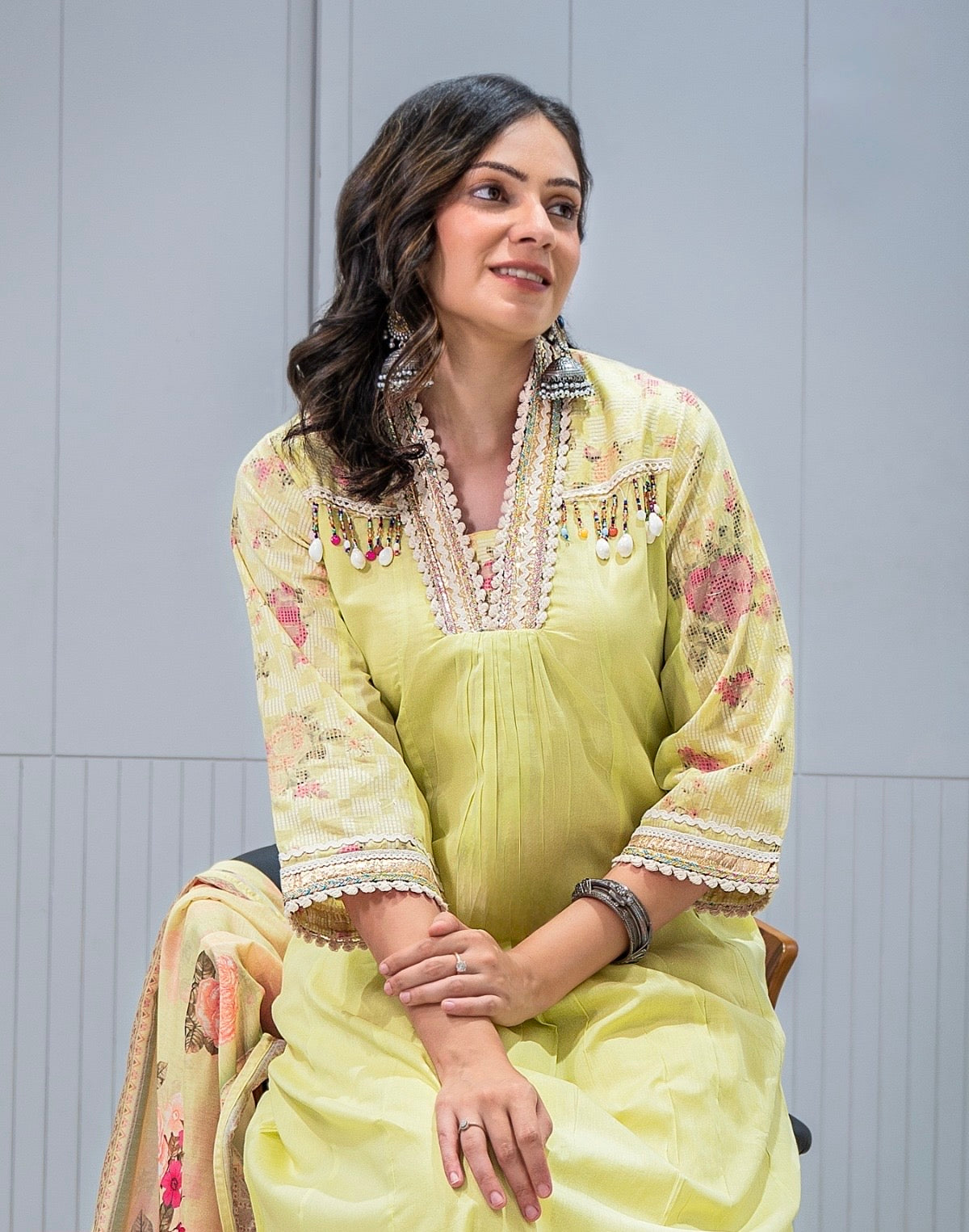 Anarkali Kurta Set in Mul Cotton with Jacquard and Lace Work – Kurti Pant Dupatta Set for Women