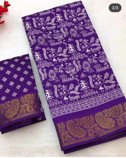 Soft Tussar Silk Slub Digital Print Saree with Golden Zari Weaving Border and Contrast Blouse