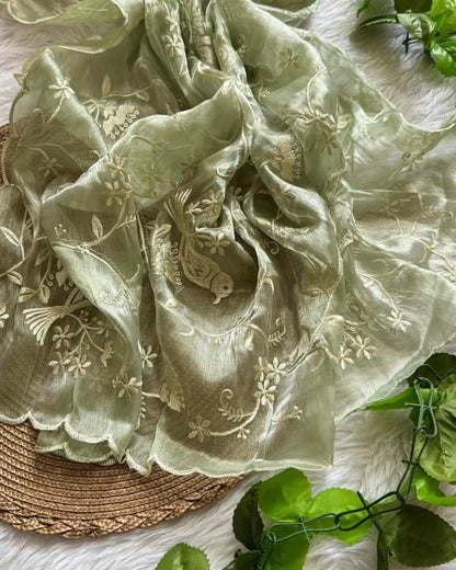 Soft Embroidery Work Saree with Chikankari Detailing and Blouse for Wome