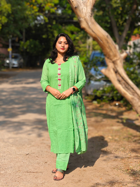 Cotton Schiffli Chikankari Kurta Set with Pants and Printed Silk Dupatta – Women’s Ethnic Wear