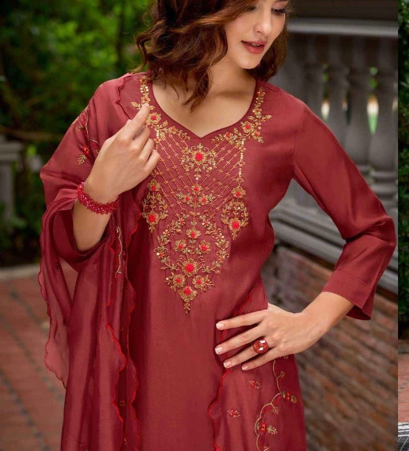 Milan Silk Handworked Kurta Pant Dupatta Set with Embroidered Organza Dupatta – Sizes M to XXL