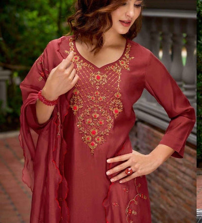 Milan Silk Handworked Kurta Pant Dupatta Set with Embroidered Organza Dupatta – Sizes M to XXL