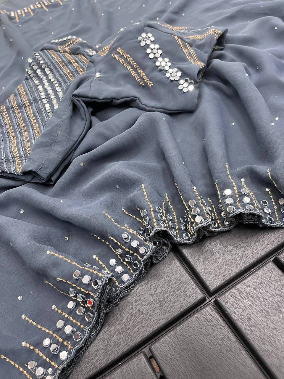 Women’s Pure Georgette Saree with Embroidery and Real Mirror Work, Matching Blouse