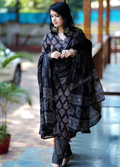 Ajrakh Hand-Printed Pure Cotton Kurti Pant Dupatta Set for Women