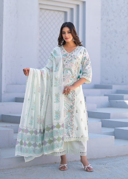 Women’s digital cotton kurta pant dupatta set with thread embroidery – summer ethnic wear