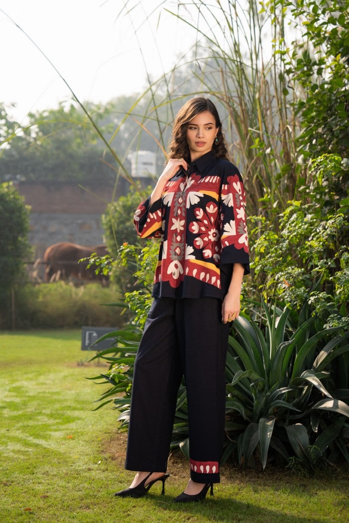 Cotton Poplin Oversized Co-Ord Set with Hand Brush Painted Design – Artistic Casual Wear for Women (Sizes 38 to 44)