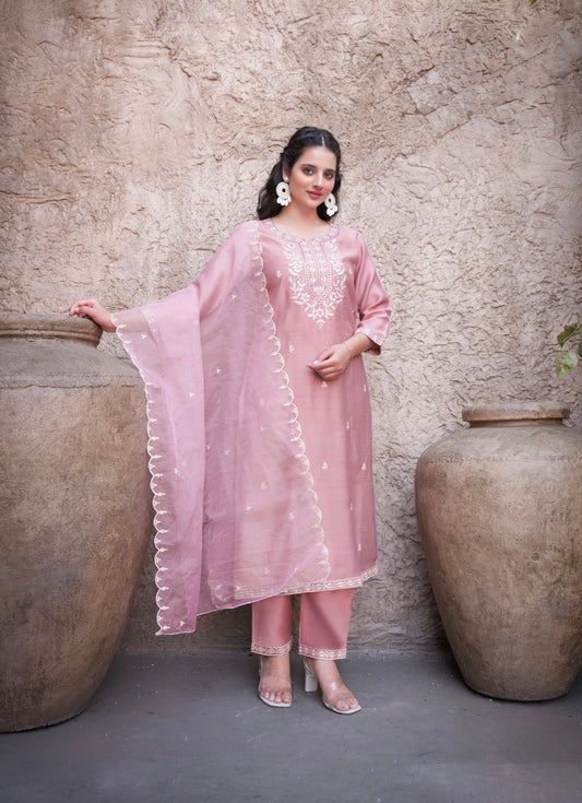 Viscose Vertical Straight Cut Kurta Pant Dupatta Set with Embroidery and Organza Dupatta – Sizes XL to 3XL