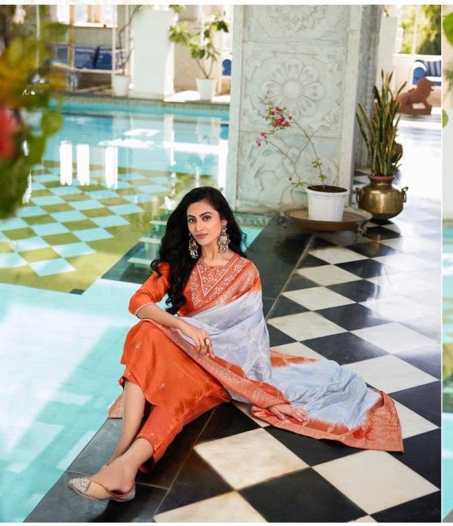 Dola Silk Kurti Set with Russian Silk Pant and Jacquard Dupatta – Handwork Ethnic Set for Women