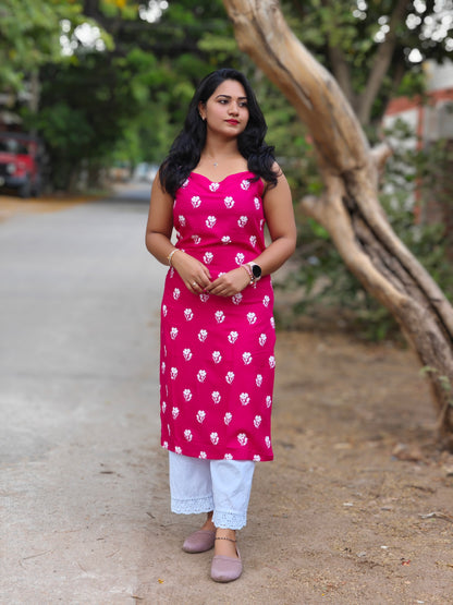 Pink Sleeveless Printed Kurti for Women with Round Neck – M to 2XL