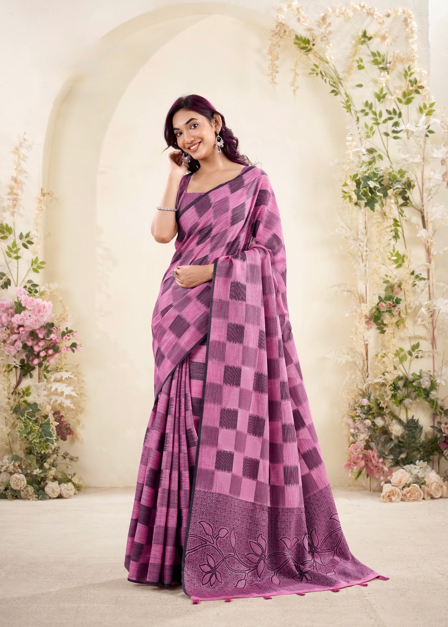 linen silk saree with checked pattern and floral border – lightweight ethnic wear for women