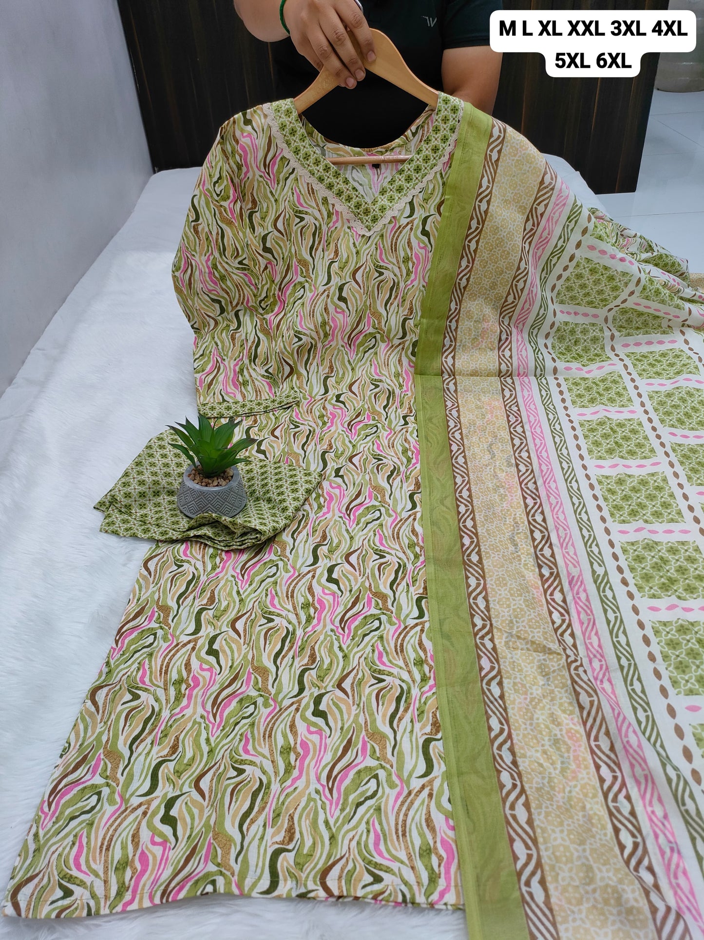 Plus Size Cotton Kurti Pant Dupatta Set with Mal Mal Dupatta – 3XL to 6XL