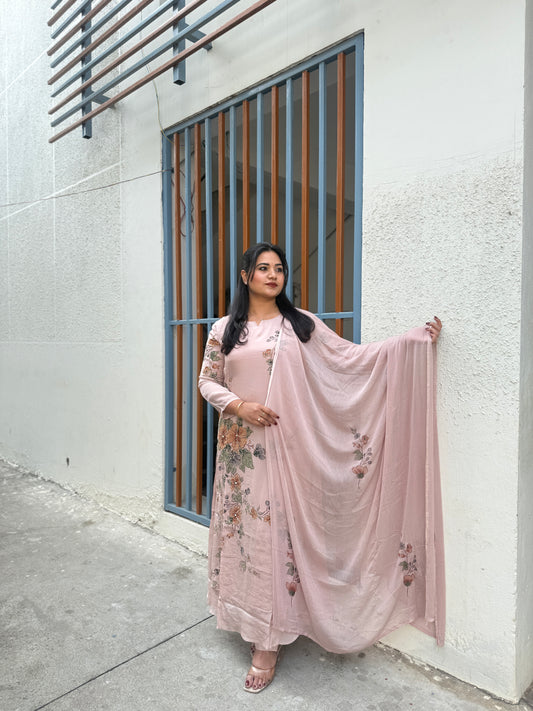 Women’s pure chinnon kurta set with lining, floral handwork detail, pant and dupatta, festive ethnic wear