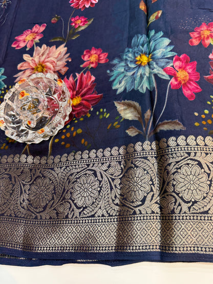 Russian Viscose Crepe Silk Chittpallu Saree with Heritage Print and Zari Border for Women