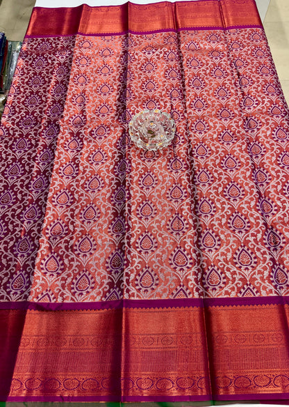 Bridal tissue saree for women with woven zari work and contrast border, kanchipuram style powerloom saree with blouse fabric