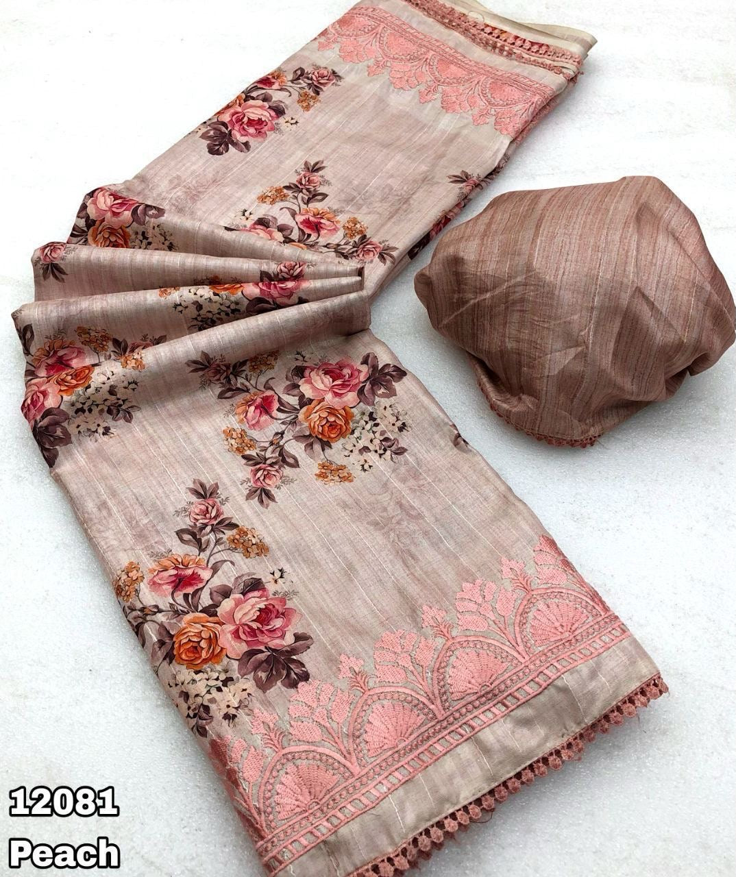 Handloom Tussar Silk Digital Print Saree with Embroidery, Lace Border, and Contrast Blouse