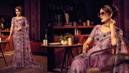 Lilac Sequin Embroidered Saree for Women – Fancy Designer Fabric with Floral Lace Border