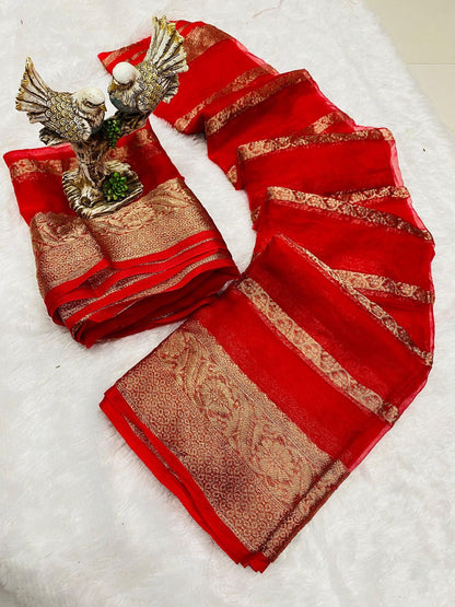 Kanchipuram Organza Jacquard Full Worked Saree with Raw Silk Organza Running Blouse