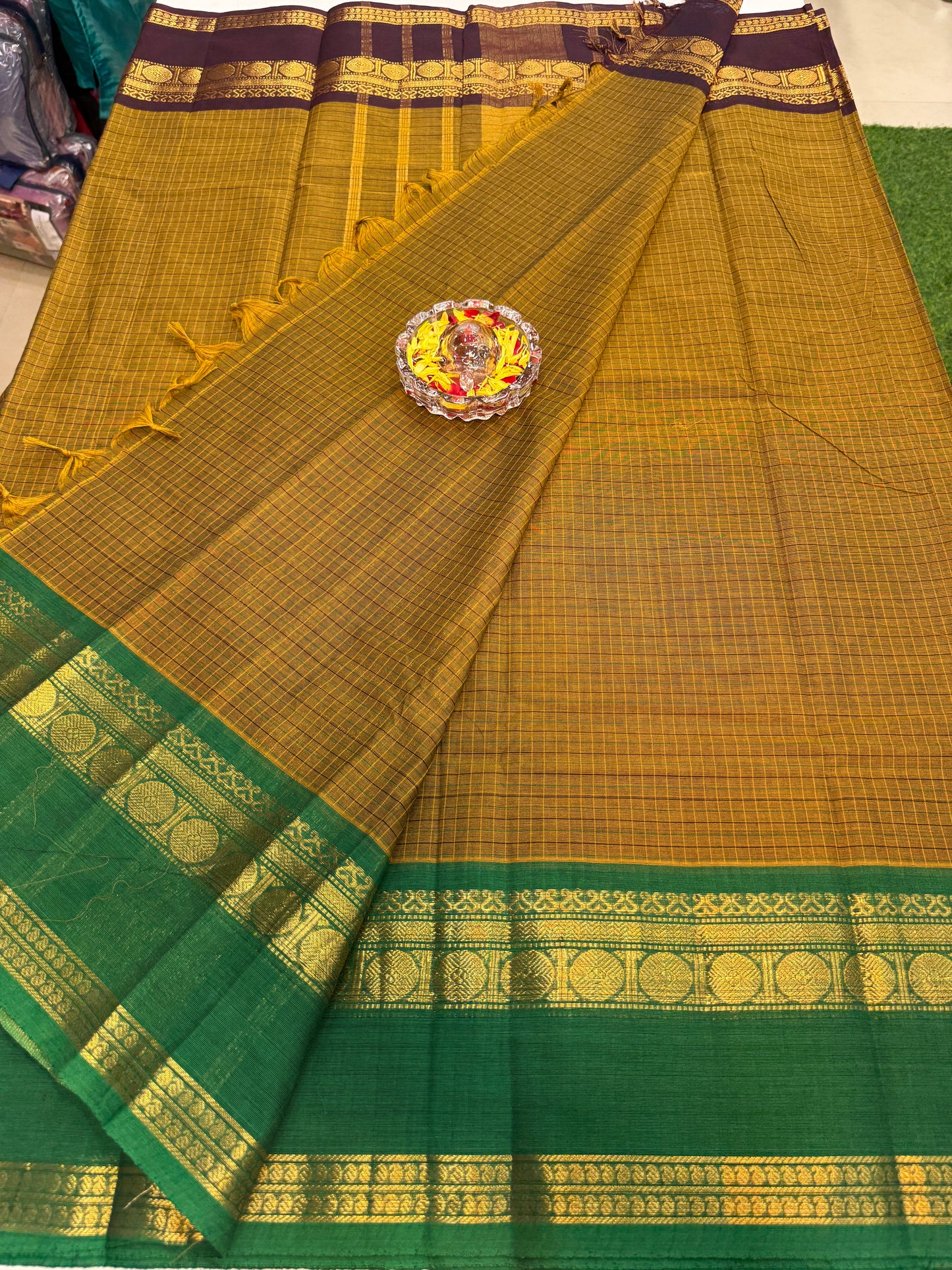 Kanchi cotton saree with checked putta design and zari thread border, 6.2m with running blouse, women’s traditional saree