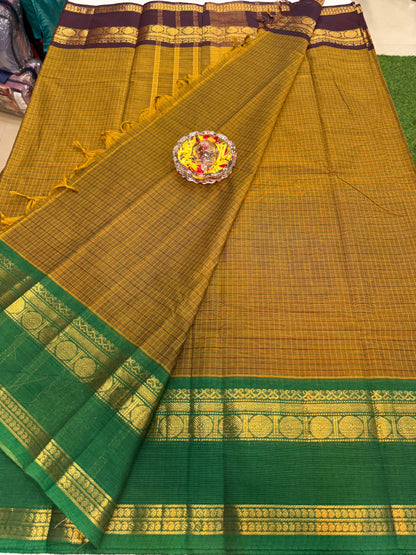 Kanchi cotton saree with checked putta design and zari thread border, 6.2m with running blouse, women’s traditional saree