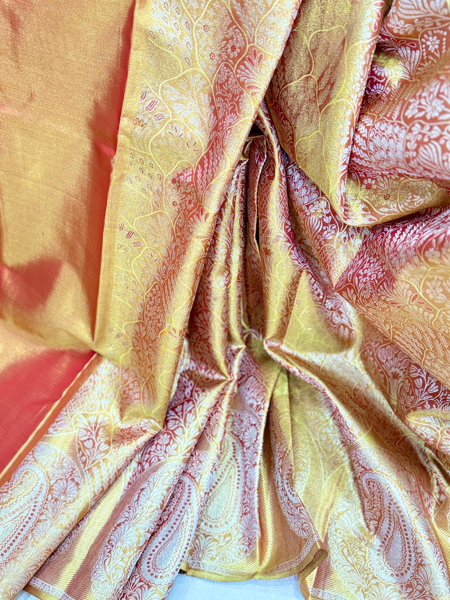 Pure Silk Borderless Saree in Mustard and Red with Rich Zari Weaving – Festive Handloom Silk