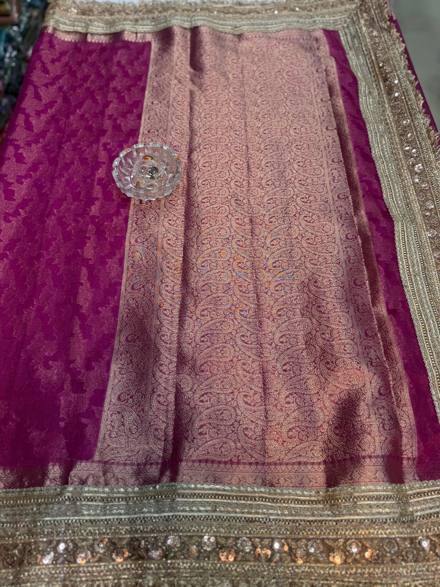 Women’s Banarasi katan tissue silk saree with heavy lace border and rich pallu, pink and gold