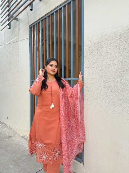 mul chanderi kurti pant and dupatta set for women with detailing work