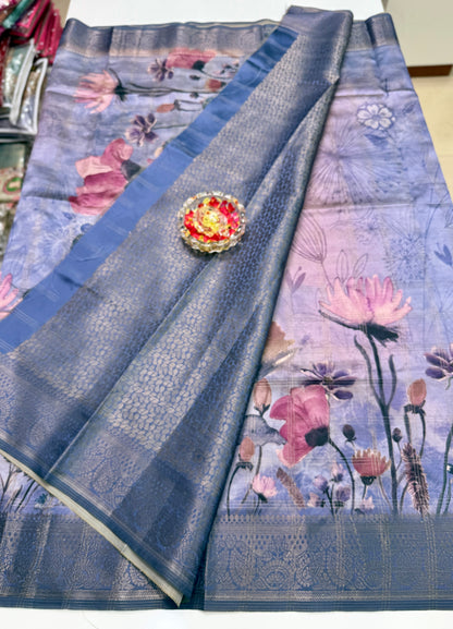 Bamboo Silk Saree with Chex Texture and Rich Pallu – Digital Floral Print Saree for Women