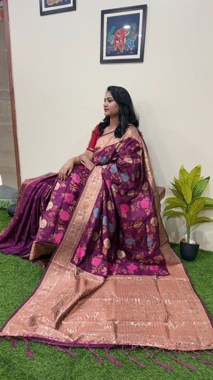 Banarasi Silk Blend Saree with Floral Woven Design and Zari Border – Festive and Wedding Wear