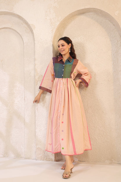 Pastel Panelled Cotton Dress with Checkered Yoke and Hand-Embroidered Motifs – Women’s Full Sleeve Casual Wear