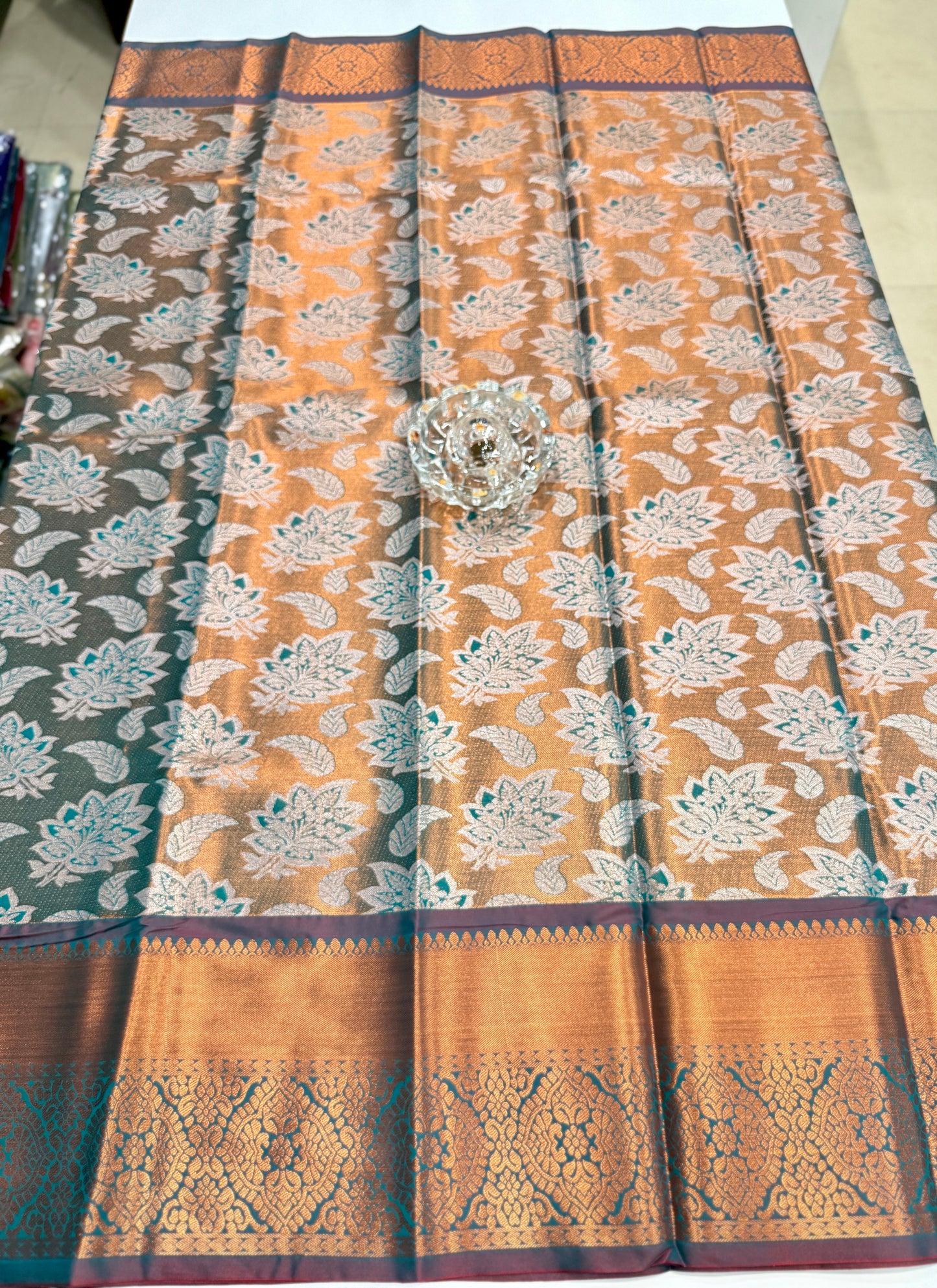 Bridal tissue saree for women with woven zari work and contrast border, kanchipuram style powerloom saree with blouse fabric