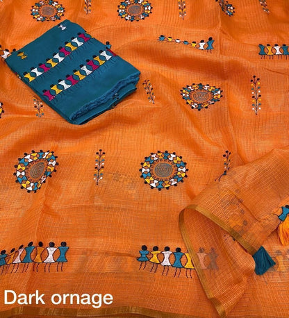 Manipuri Kota Chex Saree with Worli Embroidery and Zari Pattu Border, Mulberry Silk Blouse