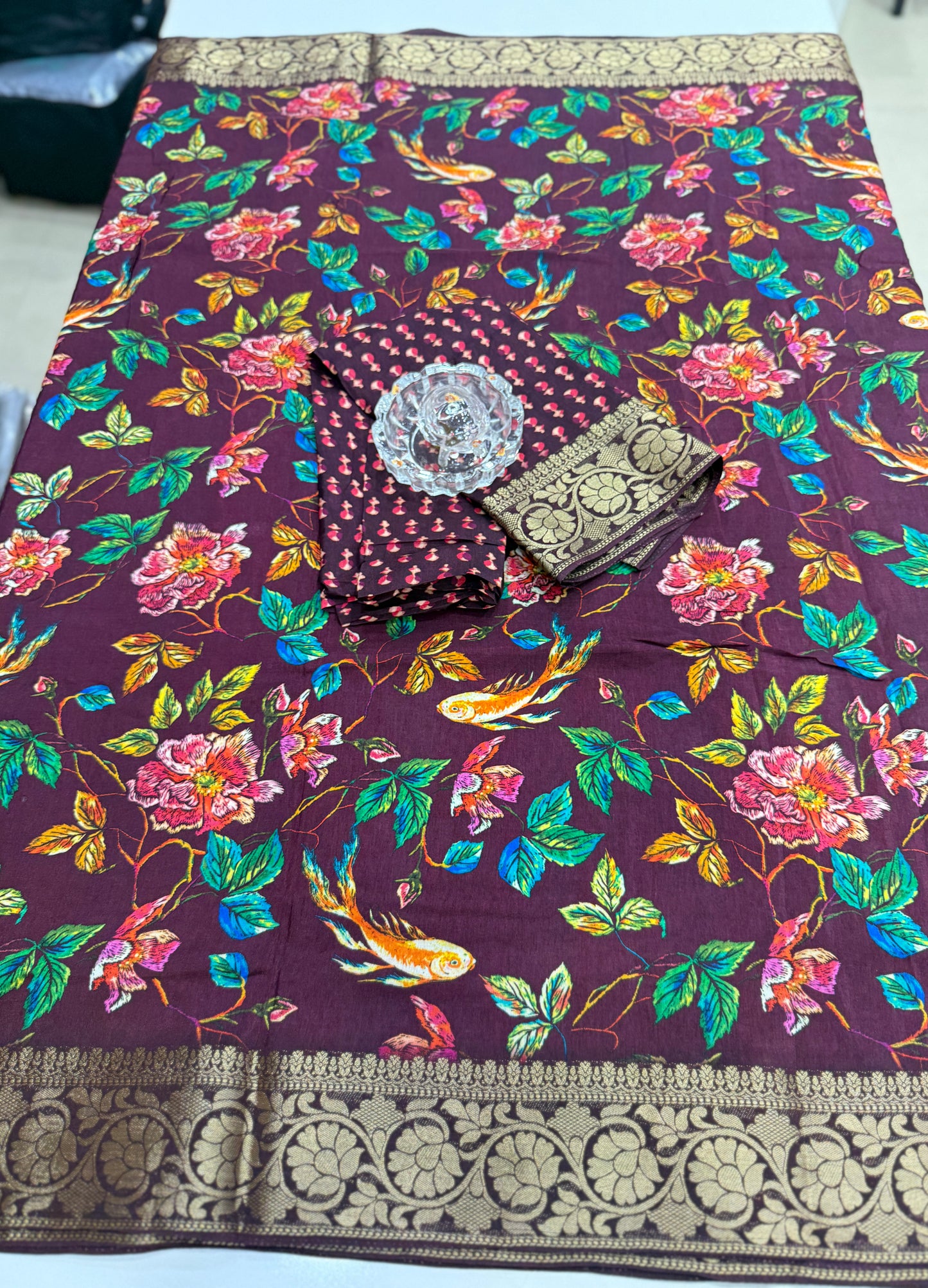 Pure Viscose Crepe silk saree with digital floral print and woven zari border for women