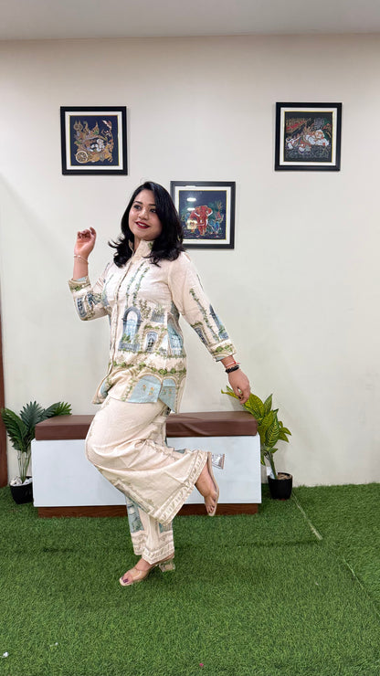 Women's Mughal Print Flex Cotton Co-ord Set with Button-Down Shirt and Flared Palazzo