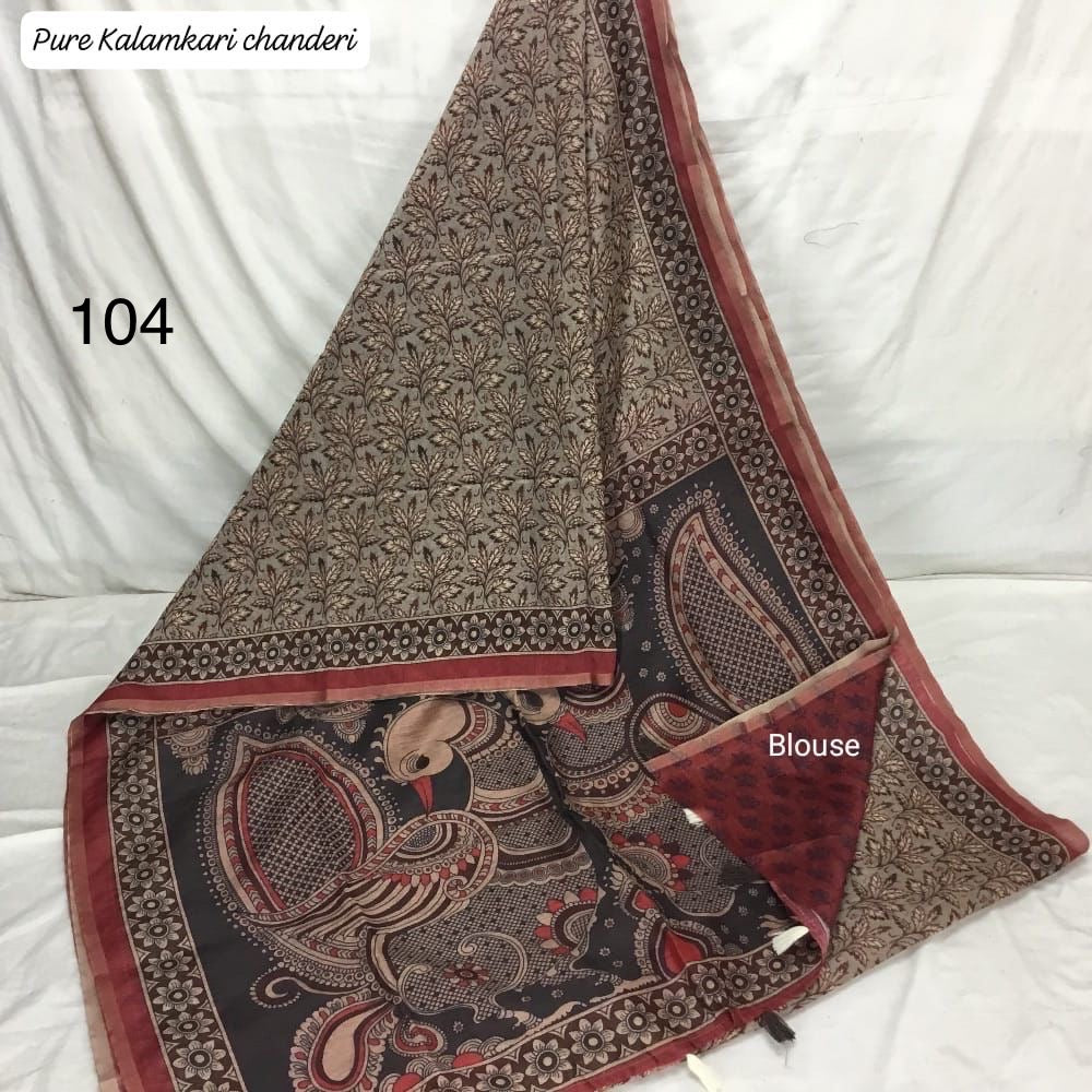 Mul Chanderi Cotton Saree with Kalamkari Print, Golden Zari Piping, and Batik Blouse – Ethnic Wear for Women