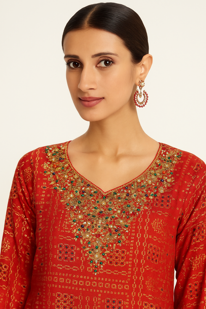 Natural Crepe Kurta Set with Mirror Handwork and Printed Viscose Dupatta – XL to 3XL Sizes