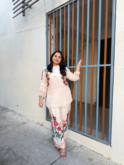 Premium Crepe Co-Ord Set with Floral Placement Print, Button and Tassel Detailing – Ethnic Wear for Women (38 to 44)