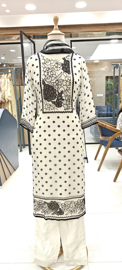 Organza kurta set for women with applique floral work, cutdana detailing, shantoon pant and dupatta