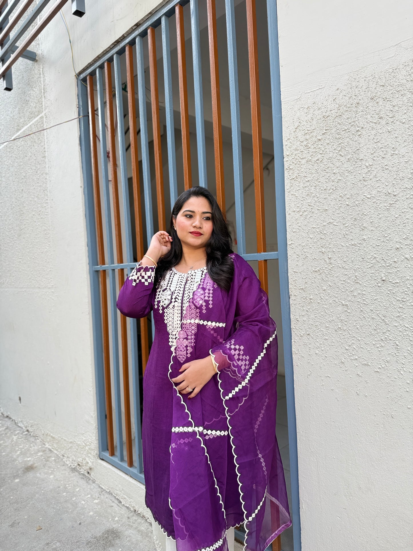 Purple Real Silk Mirror Embroidered Kurta Palazzo Dupatta Set for Women – Festive and Party Wear Designer Outfit (XL)