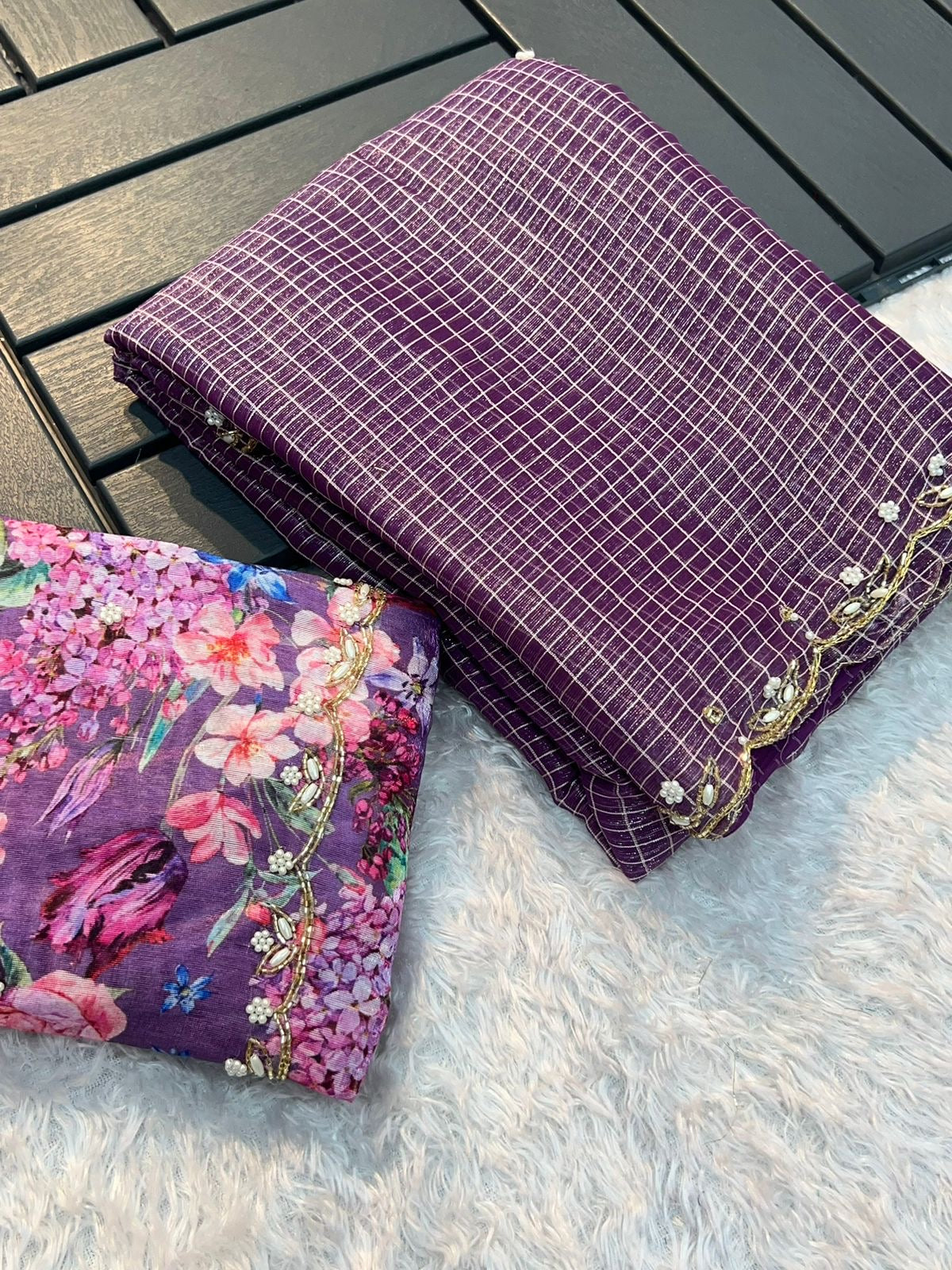 Handwork Nora Chex Saree with Pearl, Cutdana & Sequin Embroidery and Bangalori Silk Blouse