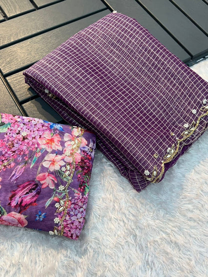 Handwork Nora Chex Saree with Pearl, Cutdana & Sequin Embroidery and Bangalori Silk Blouse