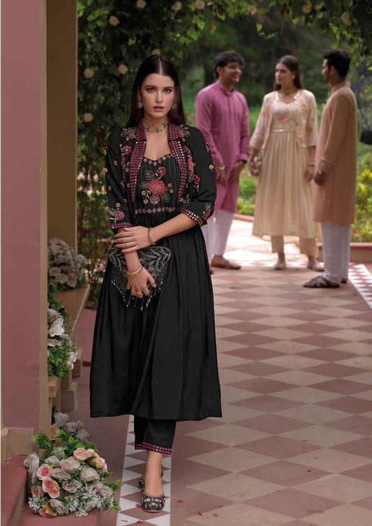 Pure Viscose Silk Gown Pant Set with Embroidered Organza Koti – Women’s Festive Ethnic Wear