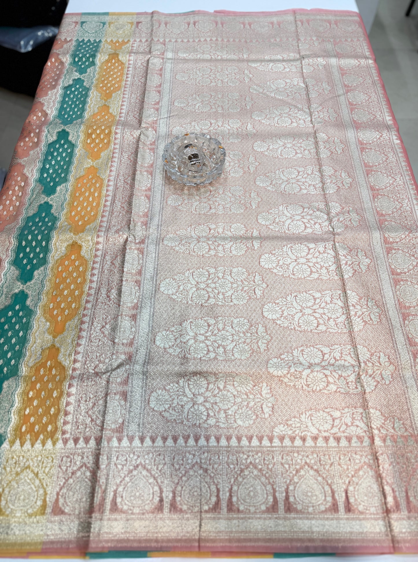 Banarasi handloom kora organza rankaat saree with allover zari stripe weaving and blouse piece