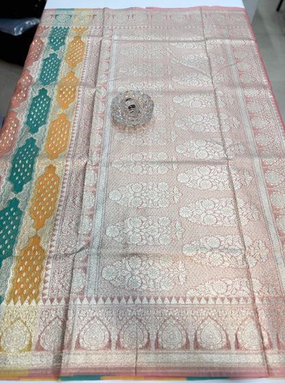 Banarasi handloom kora organza rankaat saree with allover zari stripe weaving and blouse piece