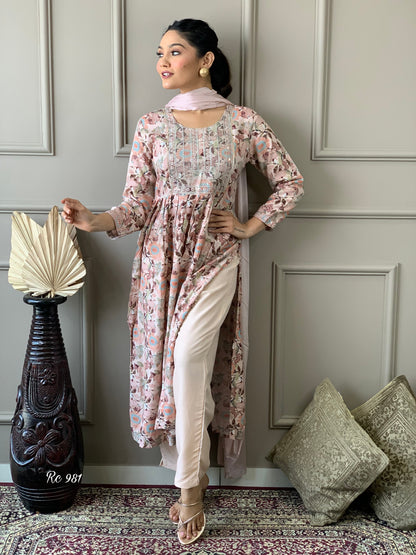 Pure Cotton Naira Cut Kurti Pant Set with Embroidery and Nazneen Dupatta for Women