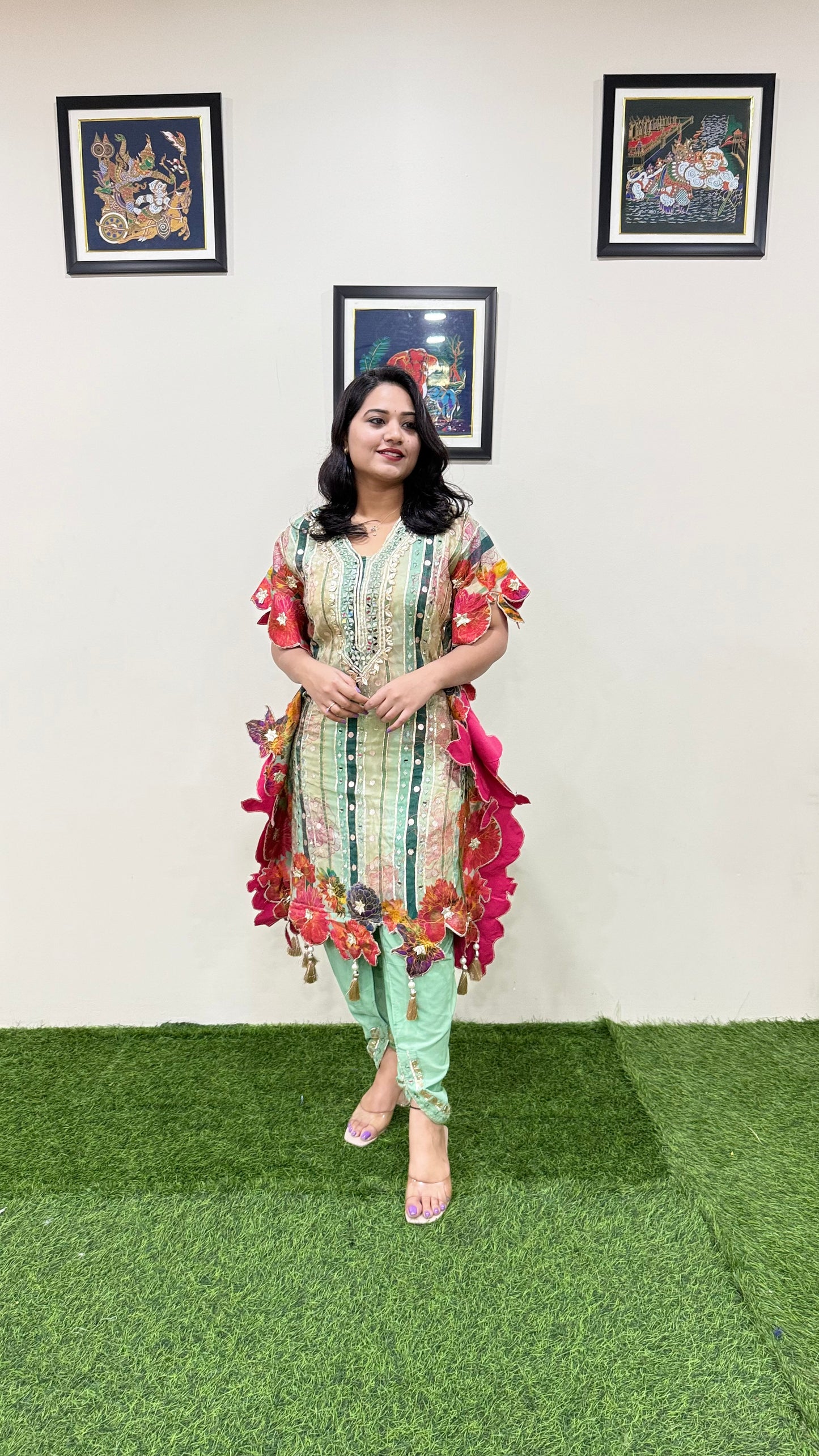 Pure Viscose Natural Crepe Silk Hand-embellished gota patti work with hand mirror work