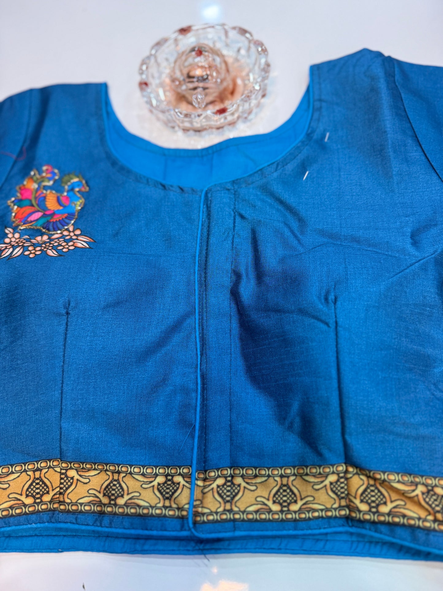 Silk printed readymade blouse for women with antique handcrafted work, size 38–42, short sleeve, saree blouse