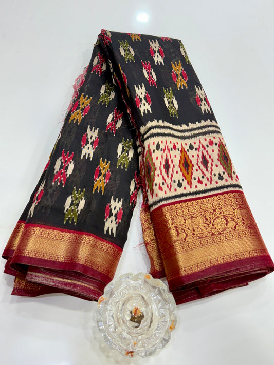 Semi Maheshwari Silk Saree with Zari Border & Ikat Style Weaving for Women