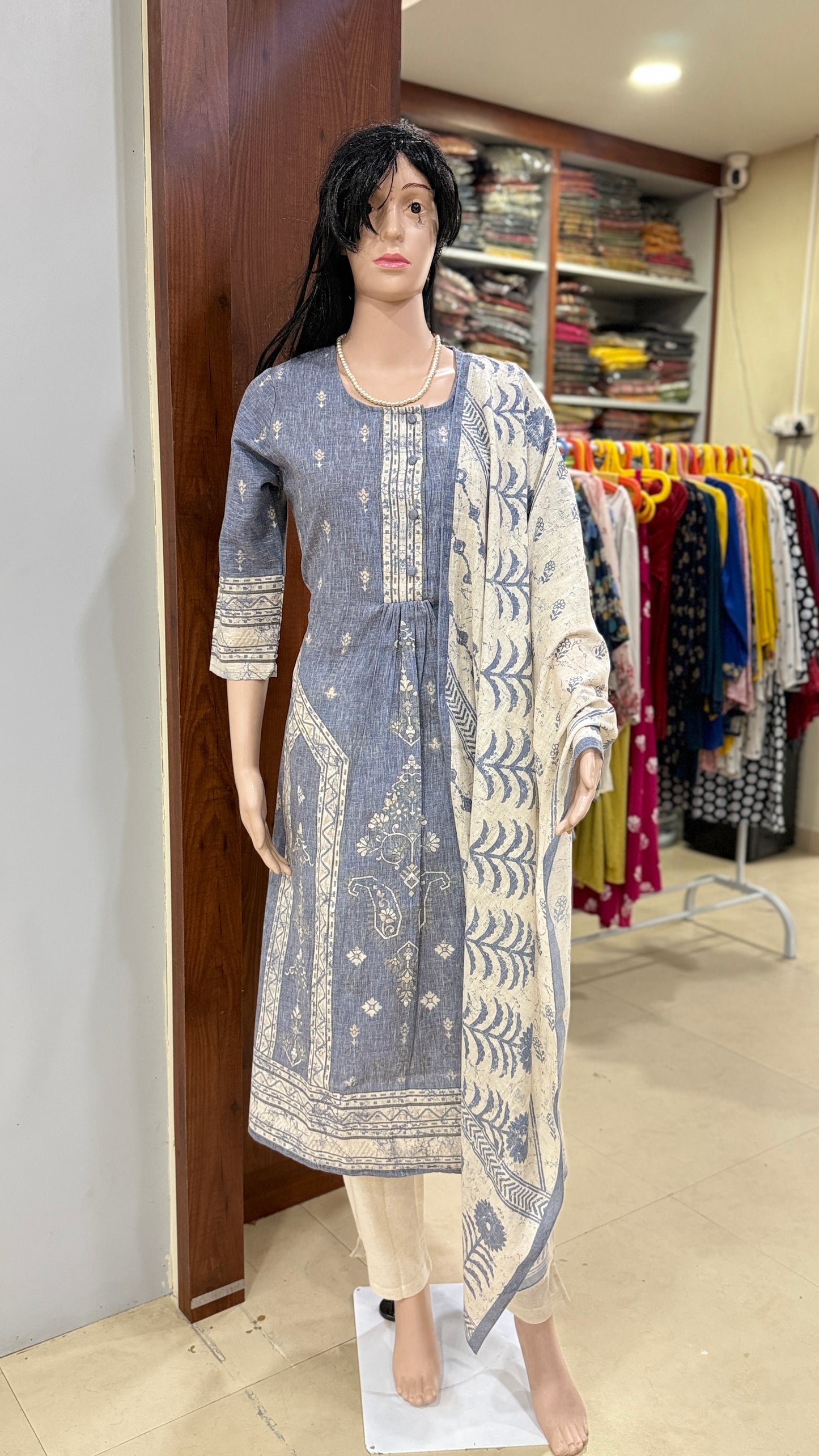 Cotton flex kurta pant dupatta set for women with detailing work, sizes 38 to 44, ethnic 3 piece suit set